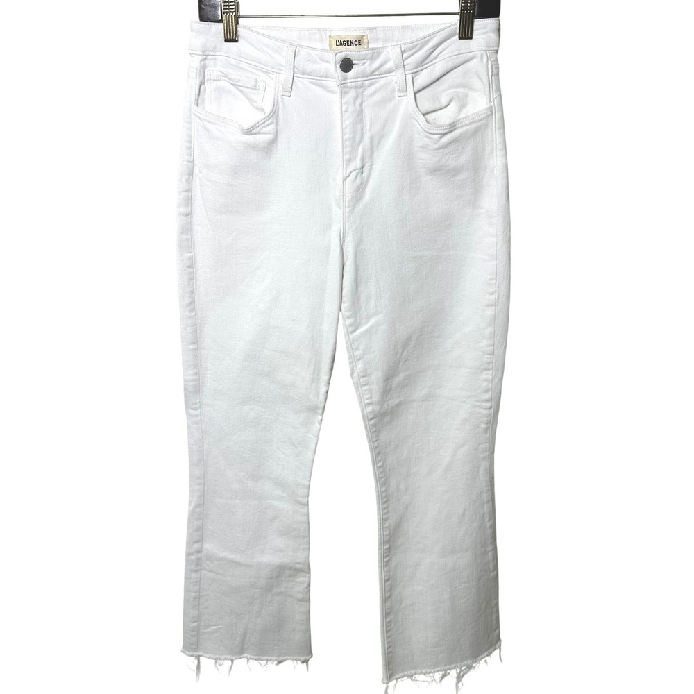 L'AGENCE Kendra Jeans Women 28 White High Rise Cropped Flare Raw Hem Denim